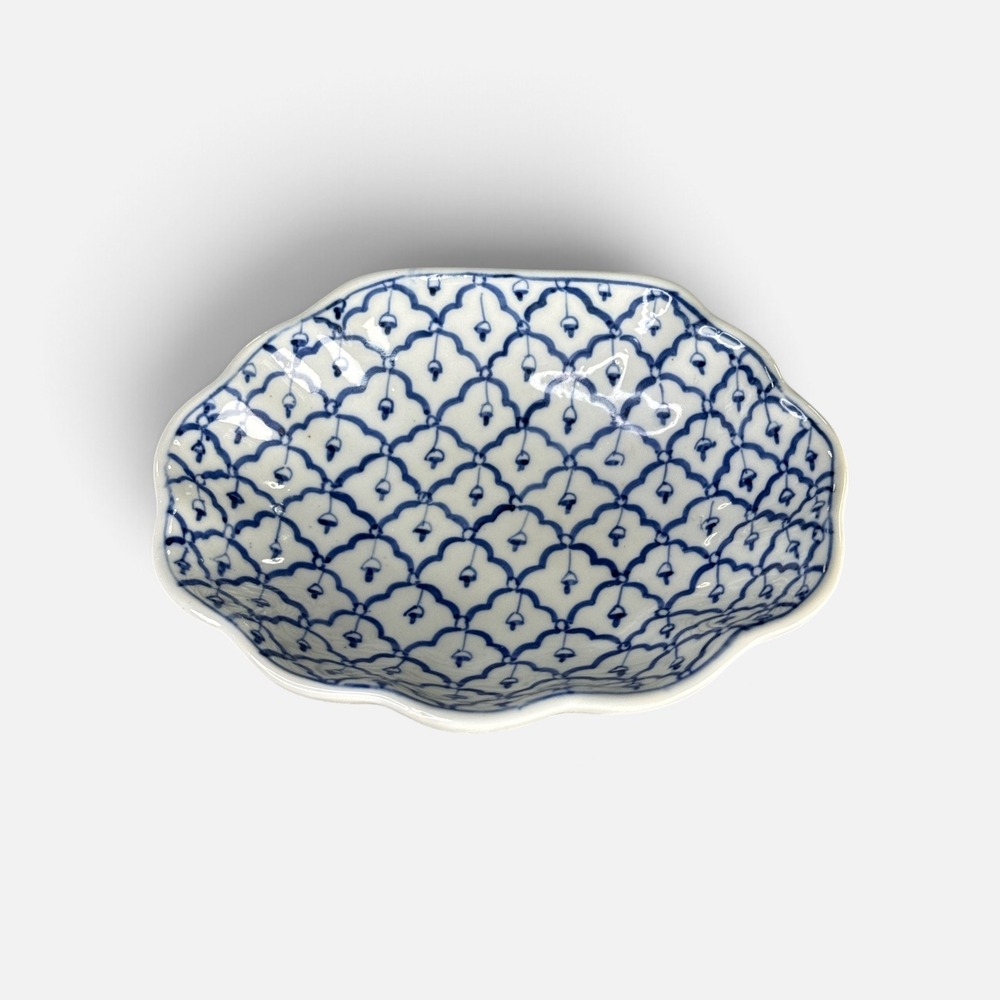 Vintage Blue and White Ceramic Scalloped Bowl Made in Thailand Pineapple Pattern